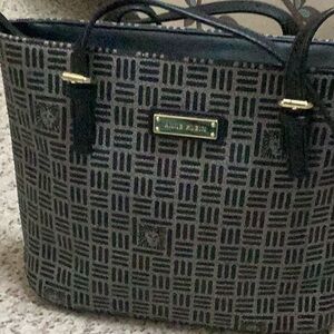 Anne Klein Black and Gray Geo-Pattern Tote with Gold Accents